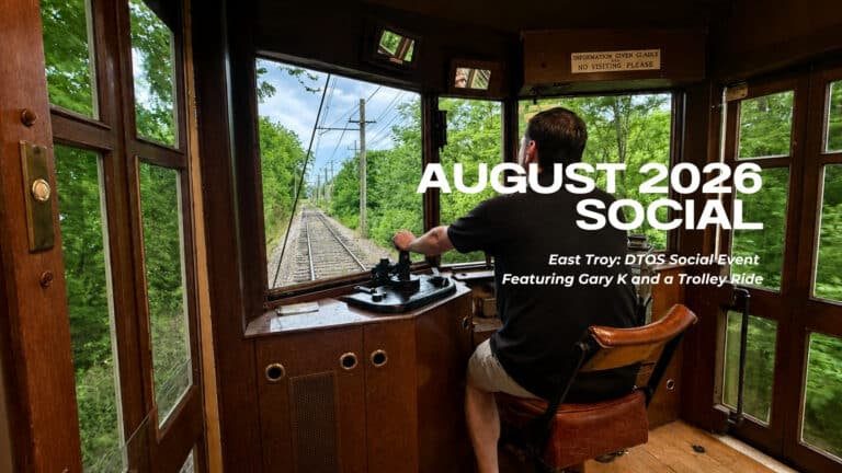 Ryan at the controls of the trolley looking at the tracks before him.