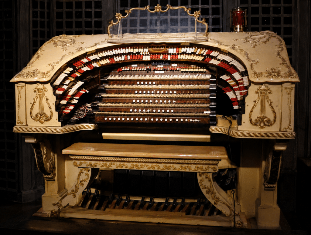 A big white and gold 5 manual  Wurlitzer theatre organ